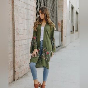 Unbranded Olive floral embroidered kimono cardigan Women One Size Floral Fall